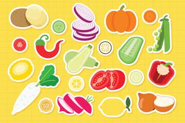 Set of stickers of fresh vegetables, Potatoes, Hot pepper, Red Onion, zucchini, Pumpkin, Cucumber, Tomato, peas, Radish, Daikon, simple flat vector illustration.