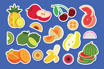 Set of stickers of fresh friuts, Pineapple, Apple, Cherry, Sweet lime, Persimmon, Banana, Pear, Watermelon, Cantaloupe, Grapefruit, simple flat vector illustration.