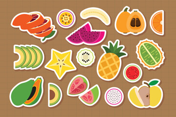 Set of stickers of fresh friuts, blood orange, Fleshed Dragon fruit, Avocado, Starfruit, Annona, Banana, Pineapple, Apple, Horned Melon, Loquat, simple flat vector illustration.