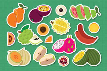 Set of stickers of fresh friuts, Tangelo, Passion Fruit, Annona, Durian, Red Banana, Cantaloupe, Dragon fruit, Guava, Watermelon, Loquat, simple flat vector illustration.
