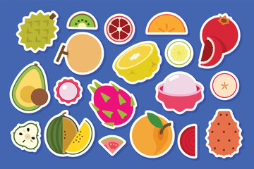 Set of stickers of fresh fruits, Durian,Dragon fruit, Prickly Pear, Avocado, Litchi, Apricot, Pomegranate, Ugli fruit, Longan, Watermelon, simple flat vector illustration.