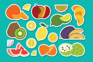 Set of stickers of fresh fruits, Mandarin, Red plum, Kiwi, Kumquat, Grapefruit, Sweet lime, Lemon, Annona, plum, Apricot, simple flat vector illustration.