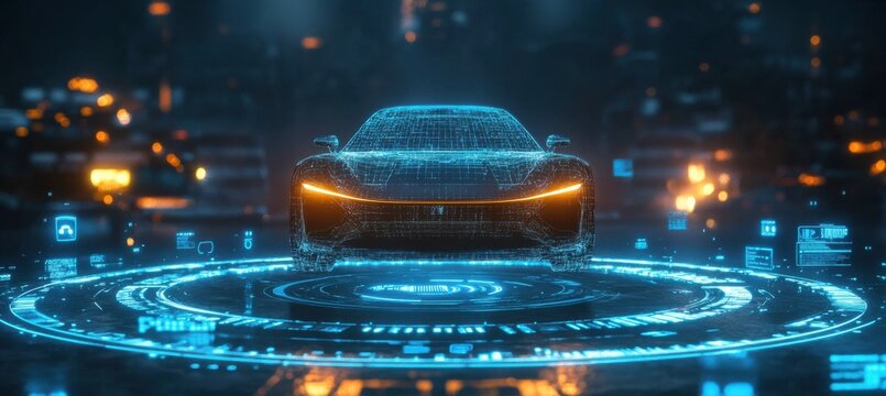 Futuristic hologram display of an innovative electric car in digital blue light