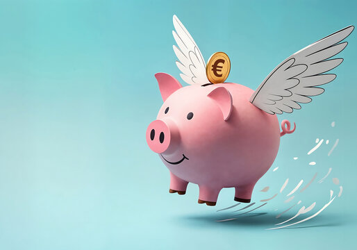 Cochon tirelire avec des ailes, pi&egrave;ce euro