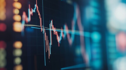 Widescreen Abstract financial graph with uptrend line and bar chart of stock market on blue color background