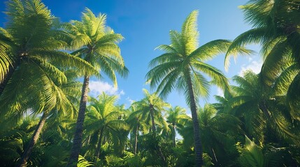 Obraz premium Looking Up at Tall Palm Trees with Clear Blue Sky and Tropical Foliage