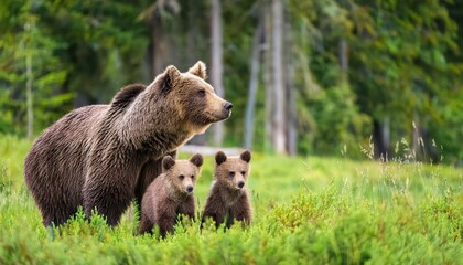 Fototapeta premium Gentle Giant A Family of Brown Bears Lounging in a Lush Green Meadow Under the Dusky Sky, Capturing Tranquil Moments in the Wilderness