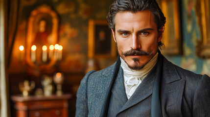 A distinguished 19th century gentleman stands in an ornate study