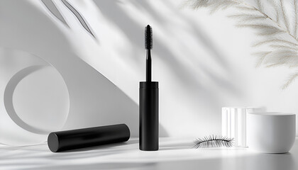 Obraz premium Natural cosmetic. Beauty products. Mascara tube on stone podium, gray background. Product photo. Abstract composition. Natural showcase