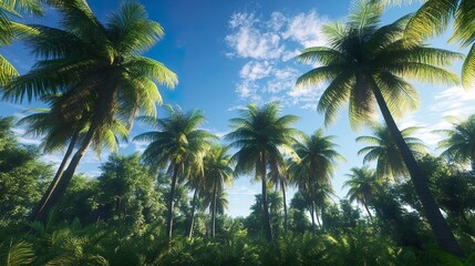 Fototapeta premium Lush island jungle with towering palm trees under a clear blue sky.