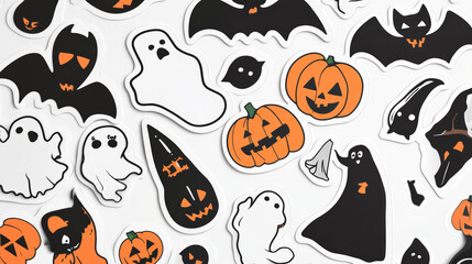 Halloween ghost stickers and spooky boo characters for horror night holiday, cartoon vector. Halloween stickers of funny ghost with pumpkin lantern on witch broomstick with trick or treat candy sweets