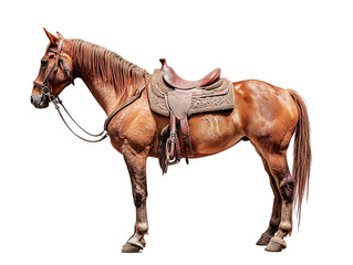 a healthy, young brown riding horse with a saddle on its back