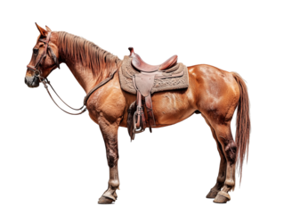 a healthy, young brown riding horse with a saddle on its back
