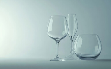 Fototapeta premium Elegant arrangement of glassware and glass vessels, showcasing transparency, light reflections, and refined aesthetics. Perfect for luxury, dining, or interior design themes with a modern touch.