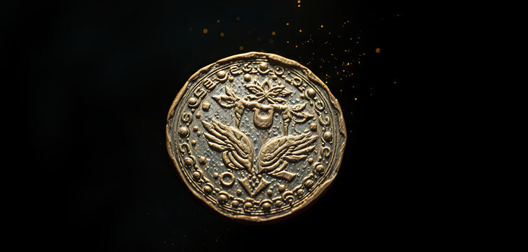 A vintage coin featuring detailed engravings and a golden hue rests on a dark surface. Its intricate designs include two wings and a central emblem, capturing attention with elegance