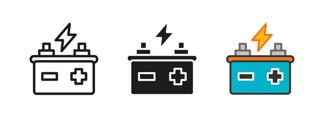 Accumulator battery icon. Power generator vector illustration. Electric car charger symbol. Plus and minus electricity sign. Auto energy charging pictogram. Car accumulator battery concept isolated.