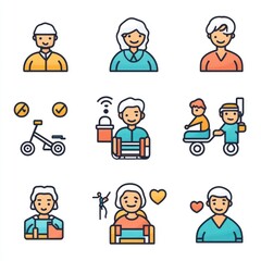 Elderly line editable icons set: Vector illustrations senior-related icons, including active lifestyle, care, and support