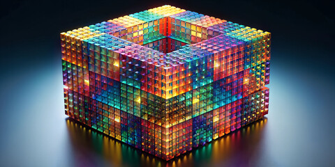 Exploring the vibrant beauty of algorithmic art through a cube representation with intricate light patterns