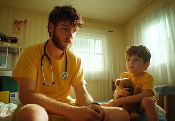 A young boy sits with a teddy bear while a young man in a medical uniform listens attentively