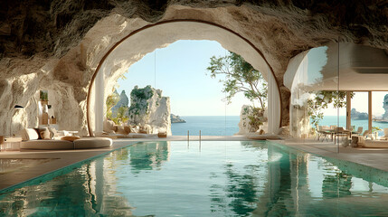 Luxurious cave pool, ocean view, cliffside retreat, serene escape