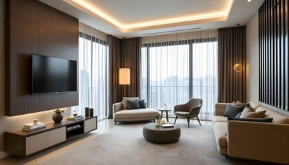 Fototapeta premium Sala de estar moderna y minimalista de una suite de hotel