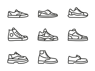 Shoes icon set. Sneakers vector illustration collection. Casual, sports and classic style footwear symbol. Fashionable trendy shoe collection. Sportswear pictogram. Elegant leather boots silhouette.