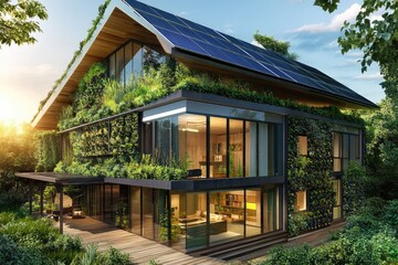 Fototapeta premium Eco-friendly green building with solar panel roof