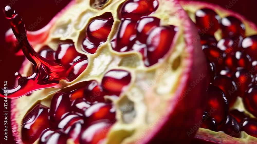 Aufkleber Pomegranate juice splashes dramatically onto a halved pomegranate against a vibrant red backdrop, creating a visually stunning slow motion sequence