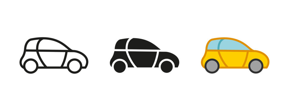 City car icon. Compact cute automobile vector illustration. Mini cooper symbol. Small SUV sign. Smart auto pictogram. Hatchback silhouette. Simple lady car vehicle outline, black or colored concept.