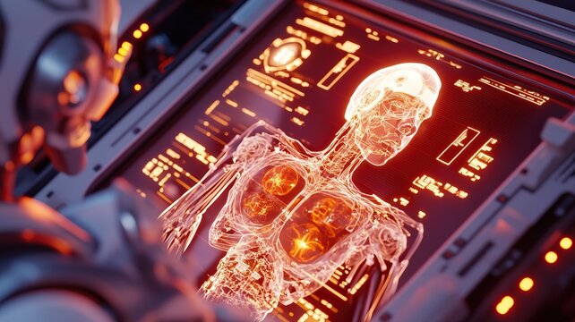 Futuristic robot analyzing digital human anatomy on interactive screen