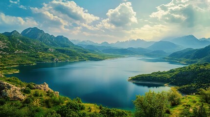 Naklejka premium Stunning Mountain Landscape with Lake and Lush Green Meadows Under Clear Blue Sky