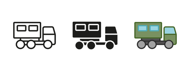 Military truck icon. Troop carrier vector illustration. Personnel cargo truck transportation sign. Armored army crew vehicle symbol. Tactical camouflage transport pictogram. Passenger cab car concept.