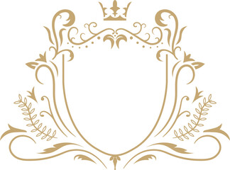 Featuring an elegant golden floral heraldic crest adorned with a crown, framing an empty space and creating a sophisticated, regal design perfect for vintage invitations or branding