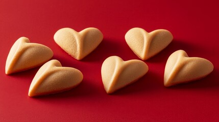 Obraz premium Heart-shaped cookies on a red background. Deliciously textured heart-shaped fortune cookies.