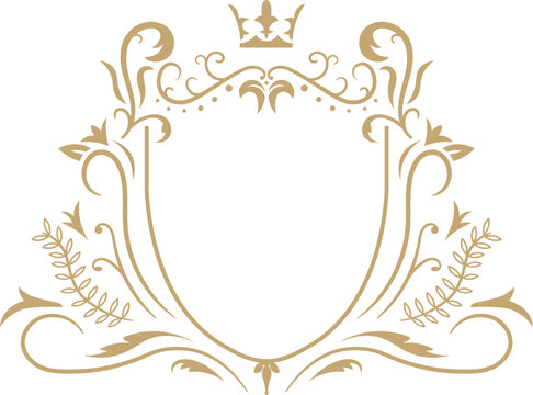 Featuring an elegant golden floral heraldic crest adorned with a crown, framing an empty space and creating a sophisticated, regal design perfect for vintage invitations or branding