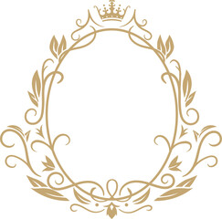 This elegant gold floral oval frame features a crown embellishment, creating a regal and sophisticated design perfect for invitations, logos, or any project needing a touch of royal elegance © WinWin
