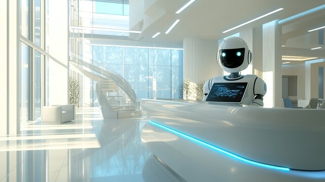 Futuristic robot receptionist in modern bright office lobby
