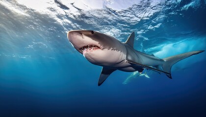 Fototapeta premium Thrilling Bull Shark Encounter Underwater Predator Stalks Prey in the Deep Blue Ocean Depths, Capturing the Intense Energy and Dramatic Momentum of a Dangerous Meeting.