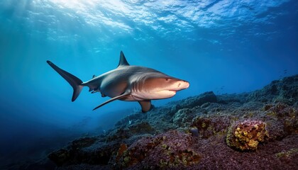 Obraz premium Aweinspiring Bull Shark Encounter at Protea Banks, South Africa Majestic marine predator glides through azure waters against a backdrop of diverse coral reefs and rich sea life.