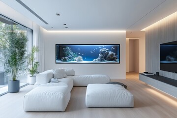 Modern minimalist living room with a panoramic view and sleek furniture