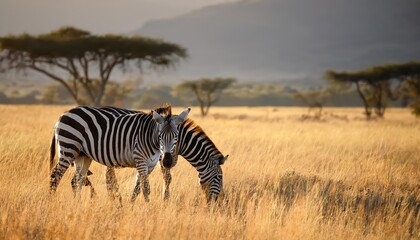 Fototapeta premium Serene Savannah Sunset Two Majestic Burchells Zebras Silhouetted against the Gilded African Sky, Amidst a Sea of Golden Grasslands.