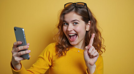 Teenage girl in a yellow sweater with a smile and a phone.
