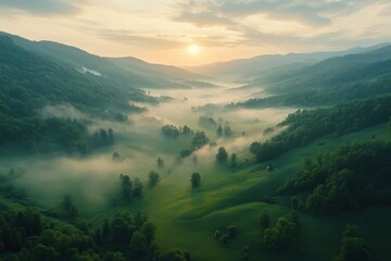 Fototapeta premium Panoramic view of rolling green hills under a cloudy sky