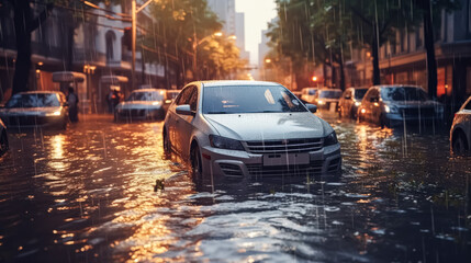 Car is stuck in a flooded street. The car is surrounded by other cars and the street is filled with water. The scene is chaotic and dangerous, as the water level is rising
