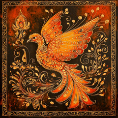 Fototapeta premium Hand painted Indian folk art bird with intricate floral patterns