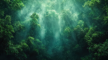 Obraz premium Dense forest filled with tall, leafy trees. The sunlight is streaming through the leaves, creating a beautiful and tranquil atmosphere. The forest is teeming with life, with birds chirping