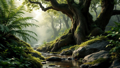 Serene Forest Stream Landscape with Ancient Tree