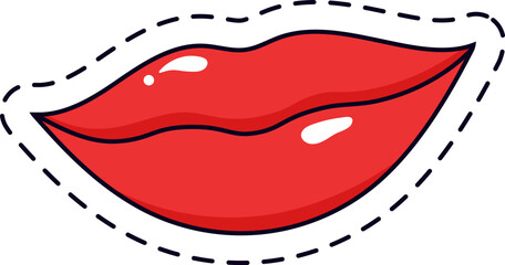 Cartoon drawing of red glossy lips with dotted line contour sending a kiss expressing love, passion, romance, desire, sensuality, flirt, beauty, makeup and cosmetics