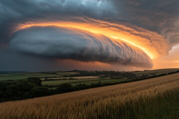 Obraz premium Stormy sky with a dramatic rainbow over a wheat field