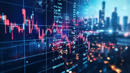 Dynamic financial chart in futuristic city with digital data and night lights - Powered by Adobe